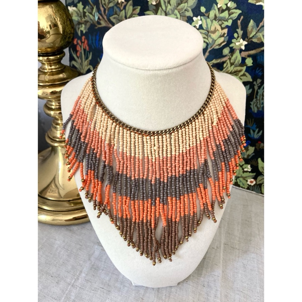 Boho Seed Bead Statement Necklace Bib Style Warm Desert Colors Stripes